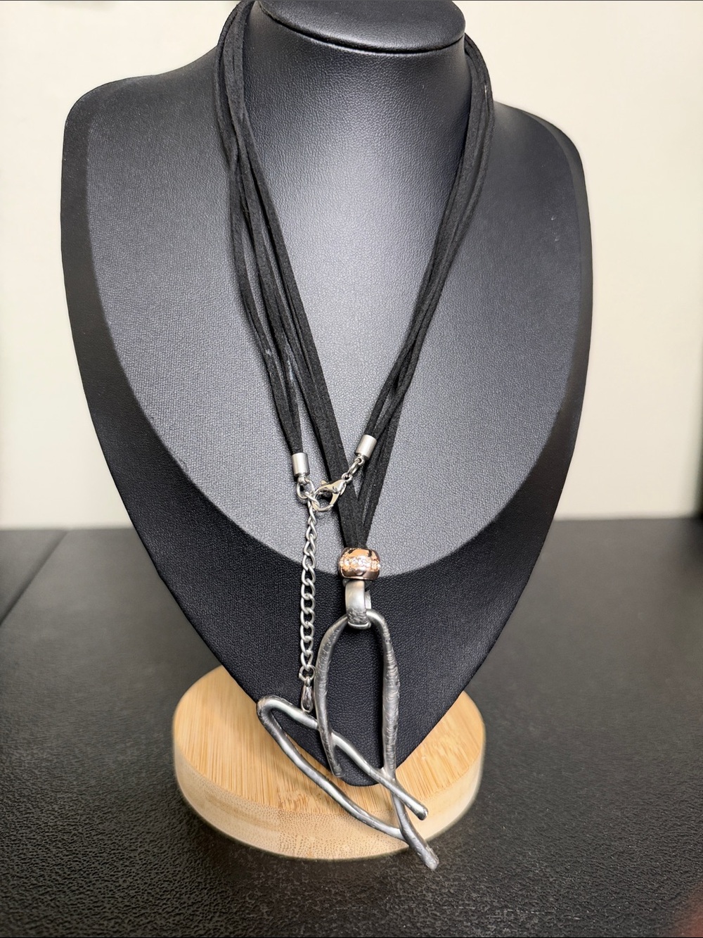 Black Cord Abstract Heart Pendant Long Necklace Unique